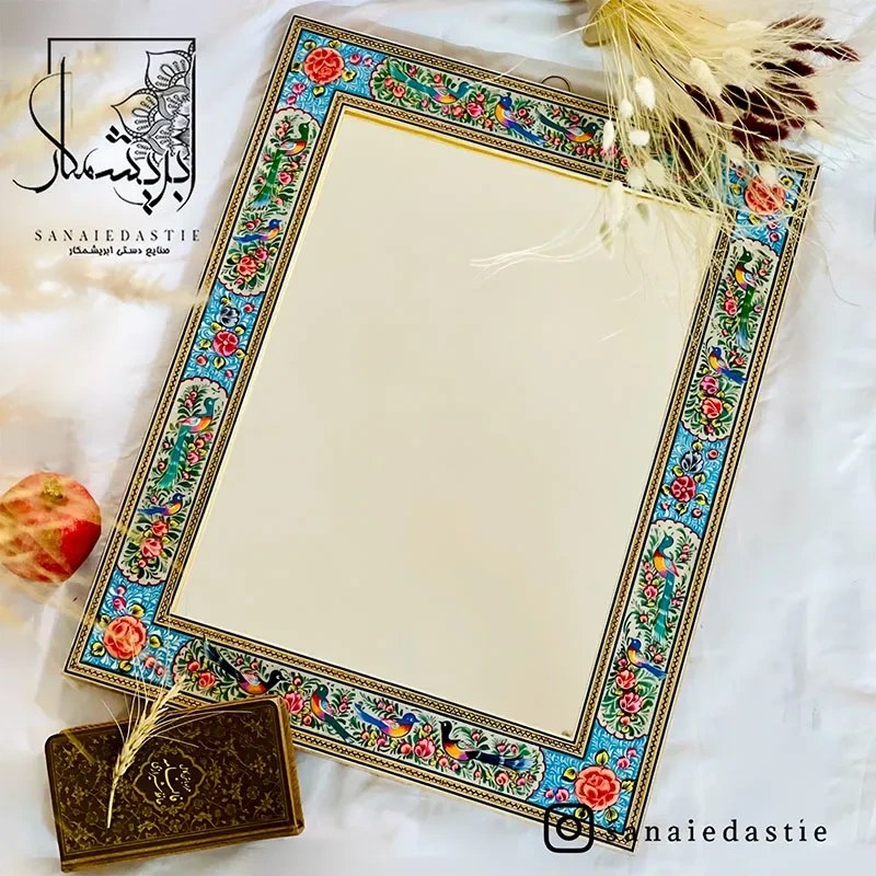 آینه طرح گل و مرغ زمینه فیروزه ای سایز ۴۰×۵۰
