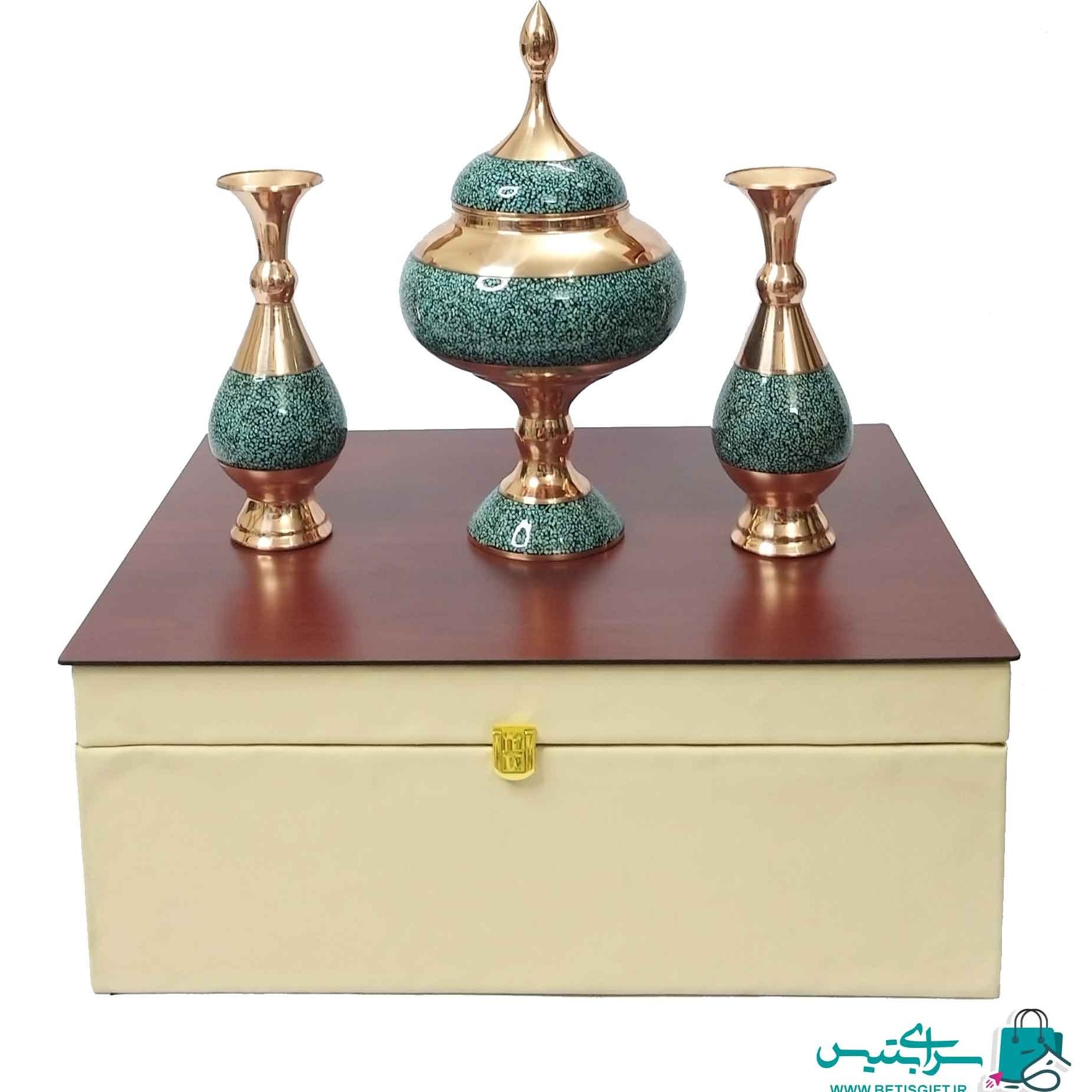 ست هدیه جفت گلدان و شکلات خوری فیروزه کوب به همراه جعبه هدیه