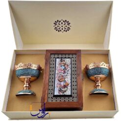 سرویس جفت آجیل خوری فیروزه کوب و جعبه پذیرایی با جعبه درب لپ تاپی