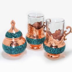 سرویس چای خوری فیروزه کوبی ۲ نفره با قندان و سینی