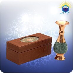 گلدان مس و فیروزه کوبی آقاجانی طرح صراحی ۱۶ سانتی با جعبه MDF روکش چرم
