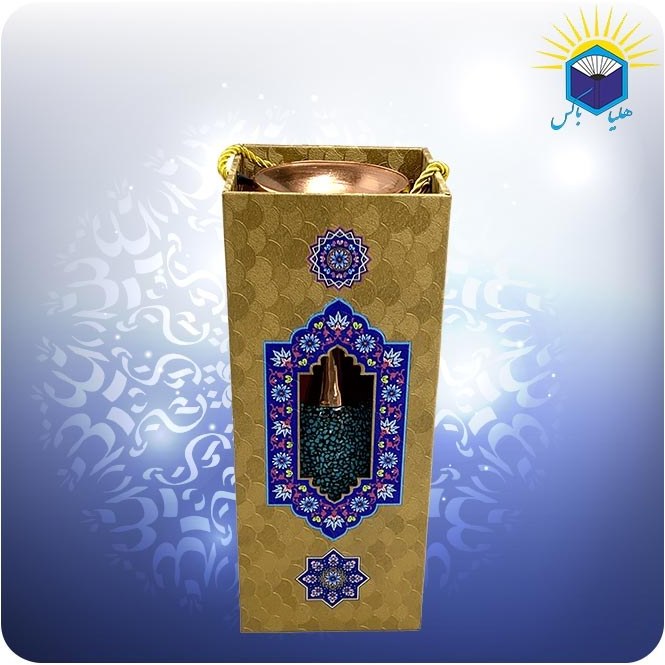 گلدان صراحی مس و فیروزهکوب ۲۵ سانتیمتری با ساک دستی گالینگور طلایی