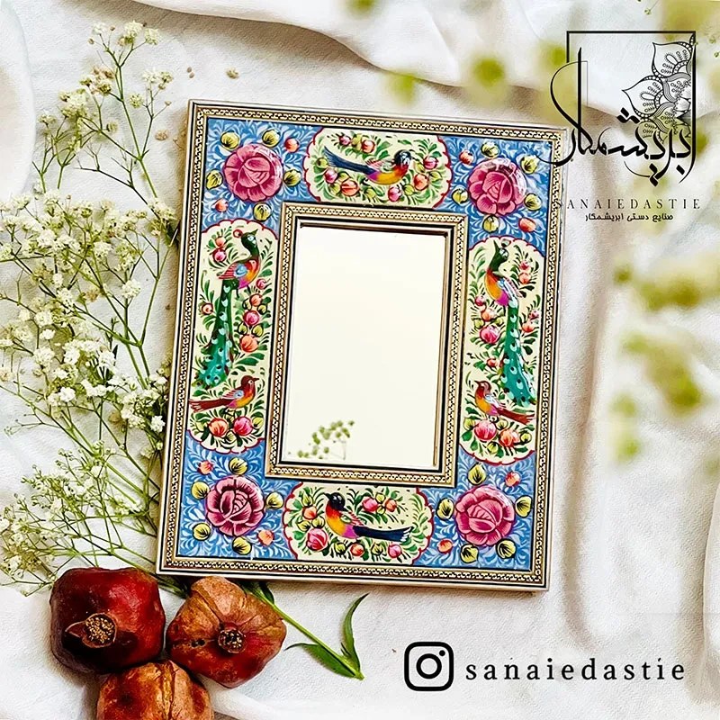 آینه طرح گل و مرغ زمینه فیروزه ای سایز 18×22