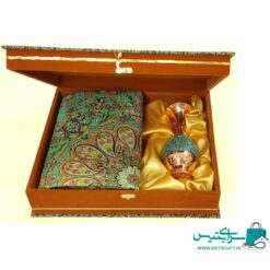 ست هدیه گلدان 20 فیروزه کوب و رومیزی ترمه 1*1 به همراه جعبه هدیه ترمه