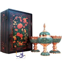 پک هدیه شکلات خوری 23 و جفت آجیل خوری13 فیروزه کوبی با جعبه دکوپاژ