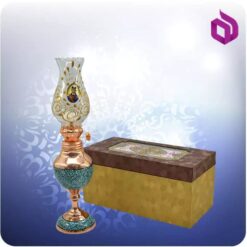 چراغ نفتی فرانسوی مس و فیروزه کوب شمائی با جعبه ام دی اف گالینگور