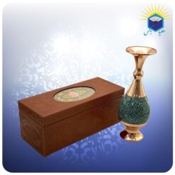 گلدان مس و فیروزه کوبی طرح صراحی ۲۵ سانتی با جعبه MDF روکش چرم