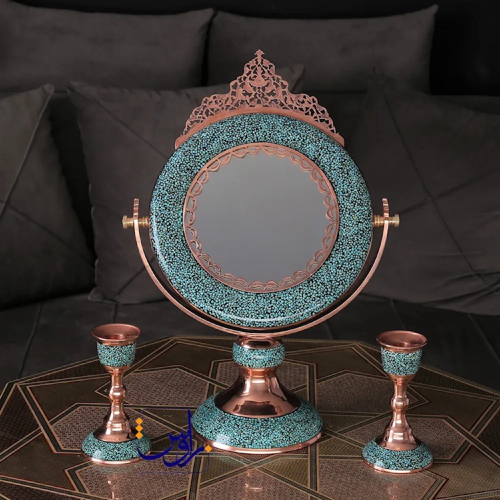 آینه گرد میانه تاج دار فیروزه کوب