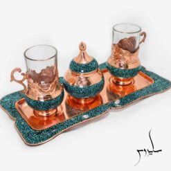 سرویس چای خوری فیروزه کوبی ۲ نفره با قندان و سینی