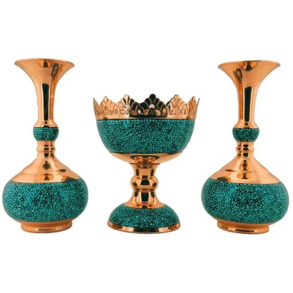 ست سه تکه سرویس گلدان شلغمی فیروزه کوبی و آجیل خوری مس و فیروزه کوبی نیشابور قلم زنی شده و لب شبکه ای 16 سانتی سایروس