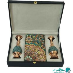 ست هدیه جفت گلدان 20 فیروزه کوب و رومیزی ترمه یزد به همراه جعبه هدیه