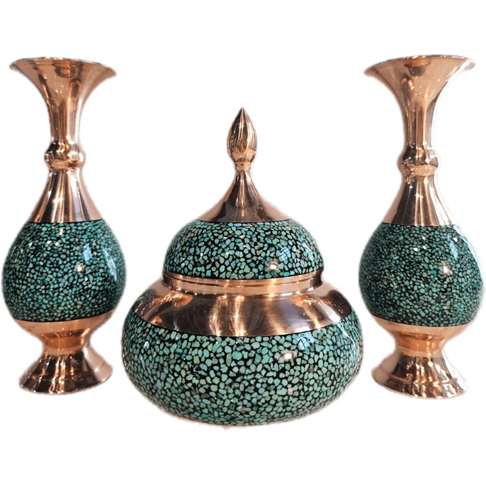 ست 3 تکه قندان فیروزه کوبی و گلدان فیروزه کوبی