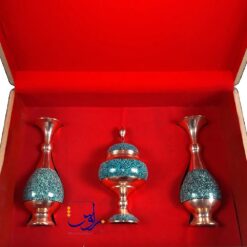 پک هدیه جفت گلدان صراحی 20 و شکلات خوری 20 فیروزه کوبی با جعبه دکوپاژ