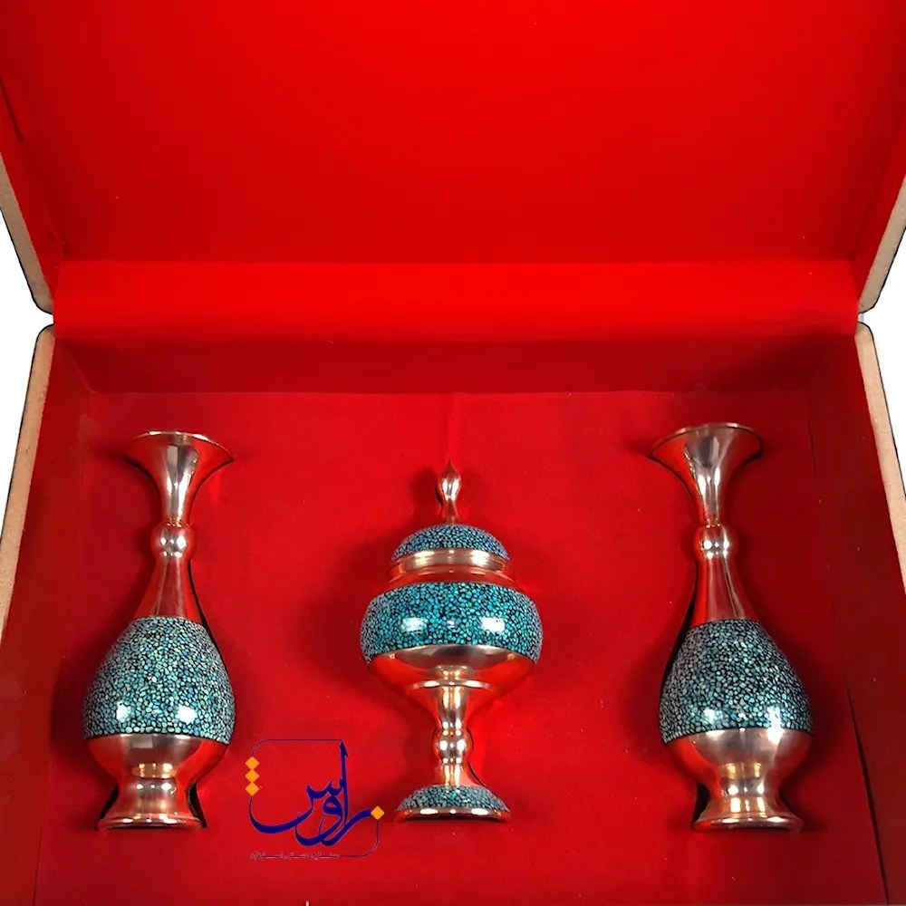 پک هدیه جفت گلدان صراحی 20 و شکلات خوری 20 فیروزه کوبی با جعبه دکوپاژ