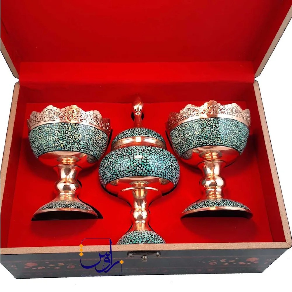 پک هدیه شکلات خوری 23 و جفت آجیل خوری13 فیروزه کوبی با جعبه دکوپاژ