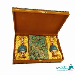 ست هدیه جفت گلدان 20 فیروزه کوب و رومیزی ترمه به همراه جعبه هدیه ترمه