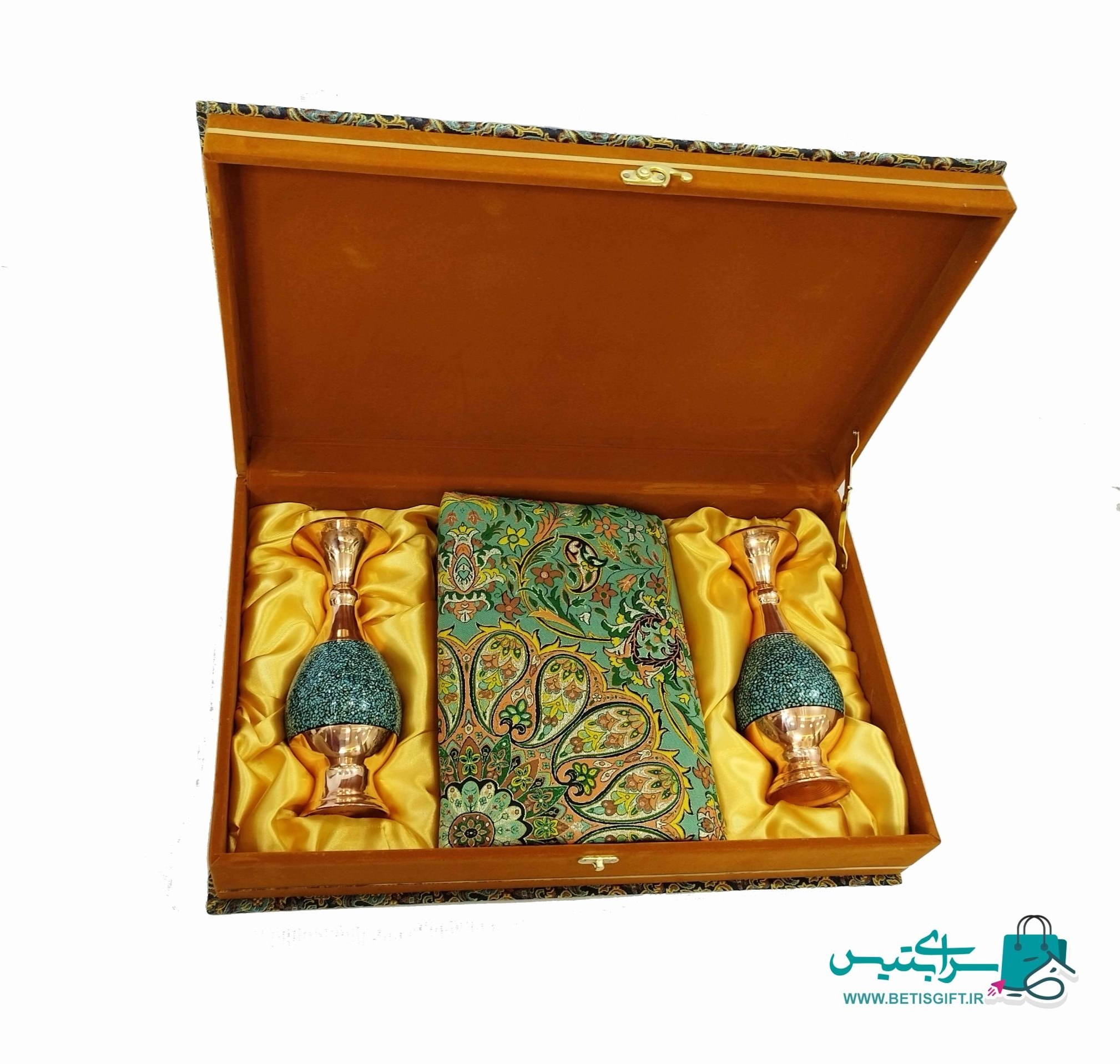 ست هدیه جفت گلدان 20 فیروزه کوب و رومیزی ترمه به همراه جعبه هدیه ترمه