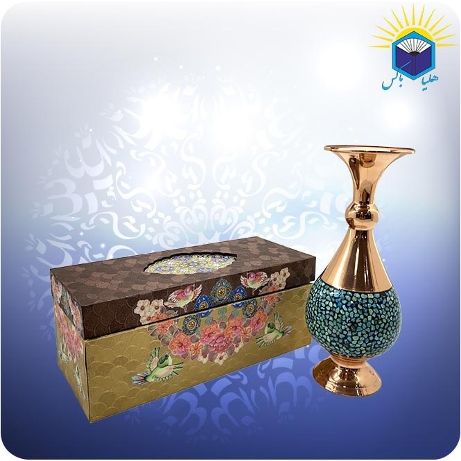 گلدان صراحی مس و فیروزهکوب ۲۵ سانتیمتری با جعبه MDF گالینگور