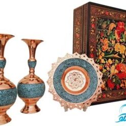 پک هدیه گلدان 25 و بشقاب 20 سانتی فیروزه کوبی با جعبه دکوپاژ