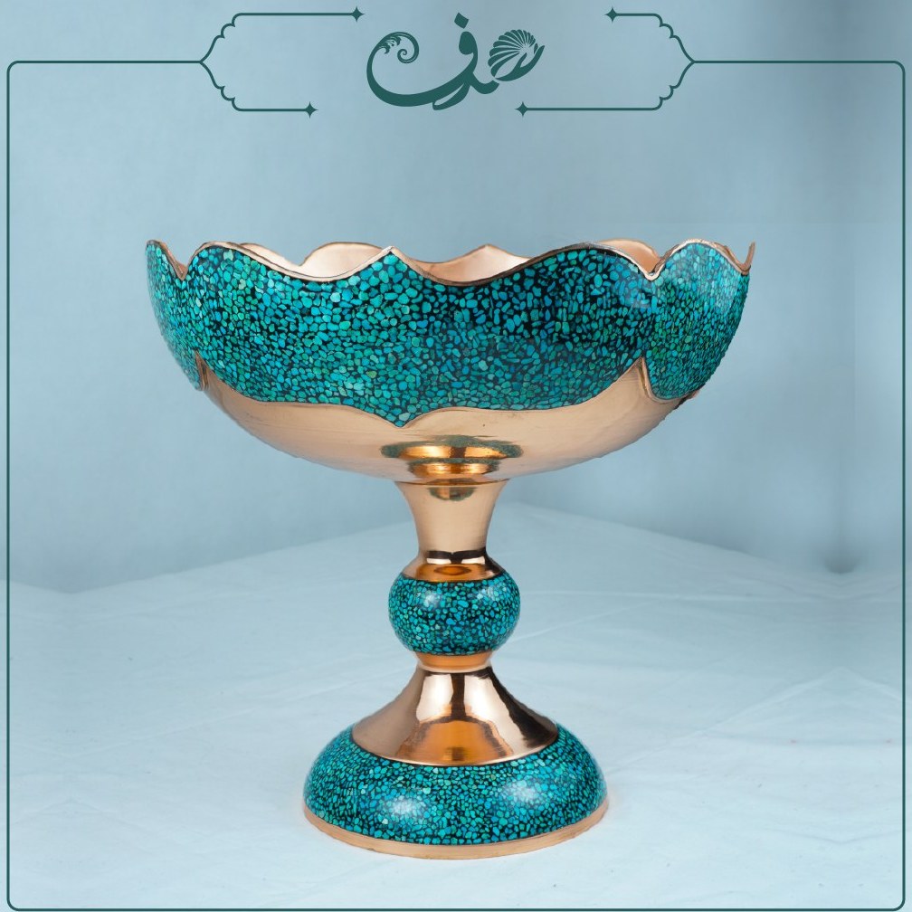 ظرف میوه خوری مسی فیروزهکوبی پایه دار