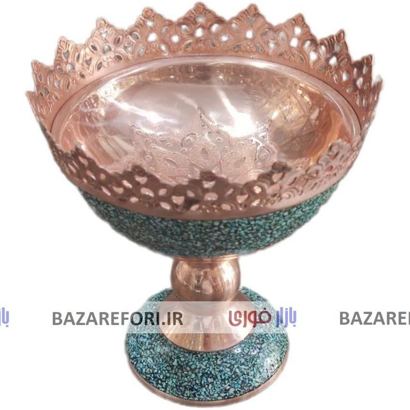 آجیل خوری مس و فیروزه با ارتفاع 20 سانتی متر با قطر 18سانتی متر کد 75 برند قلمستان – بازار فوری