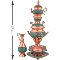 سرویس سماور فیروزه کوبی نیشابور نوزادی 35 سانتی مسی قلم زنی شده 7 پارچه صنایع دستی سایروس.سینی و پارچ و قوری فیروزه کوبی