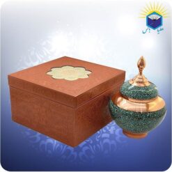 قندان سیبی مس و فیروزه کوب 27 سانت با جعبه ام دی اف چرمی