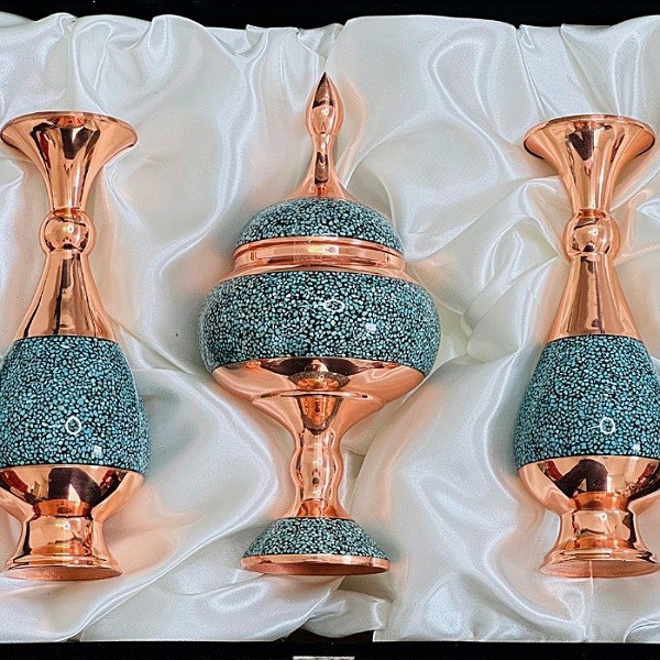 ست مدیریتی فیروزهکوبی گلدان و شکلاتخوری با بستهبندی مخمل