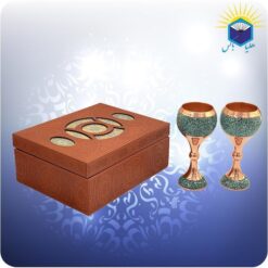 ست دو جام شربت خوری مس و فیروزه کوب بزرگ قطر 5 سانت آقاجانی با جعبه ام دی اف چرمی