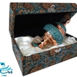 شکلات خوری پایه دار مس و فیروزه کوب با جعبه ترمه