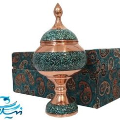شکلات خوری پایه دار مس و فیروزه کوب با جعبه ترمه