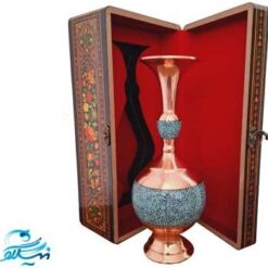 گلدان تنه گرد فیروزه کوبی 25 سانتی با جعبه دکوپاژ