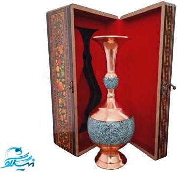 گلدان تنه گرد فیروزه کوبی 25 سانتی با جعبه دکوپاژ