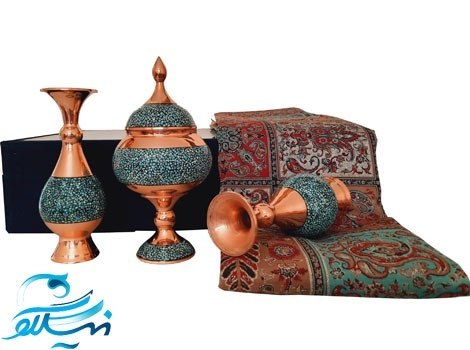 ست هدیه ظروف فیروزه کوبی و رومیزی ترمه