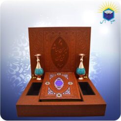 ست شاهنامه جعبه لپ تاپی چرم کاغذ عطري با ۲ گلدان مس و فیروزه کوب 20 سانت