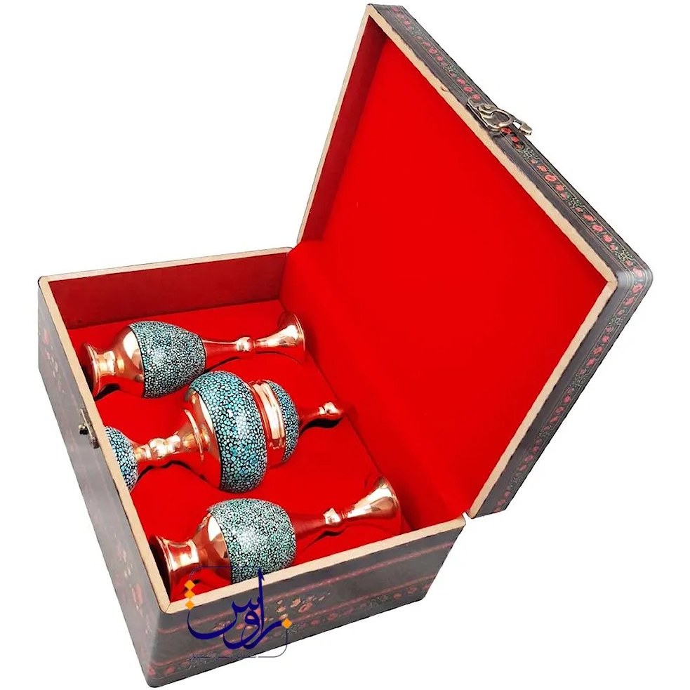 پک هدیه جفت گلدان صراحی 20 و شکلات خوری 20 فیروزه کوبی با جعبه دکوپاژ