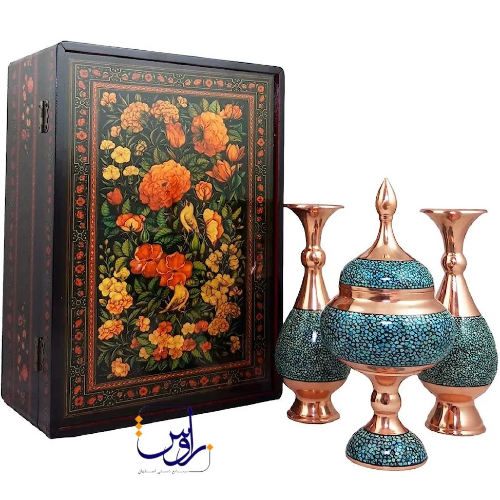 پک هدیه جفت گلدان صراحی 20 و شکلات خوری 20 فیروزه کوبی با جعبه دکوپاژ