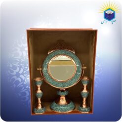 ست آینه و شمعدان بزرگ مس و فیروزه کوب با جعبه ام دی اف چرمی