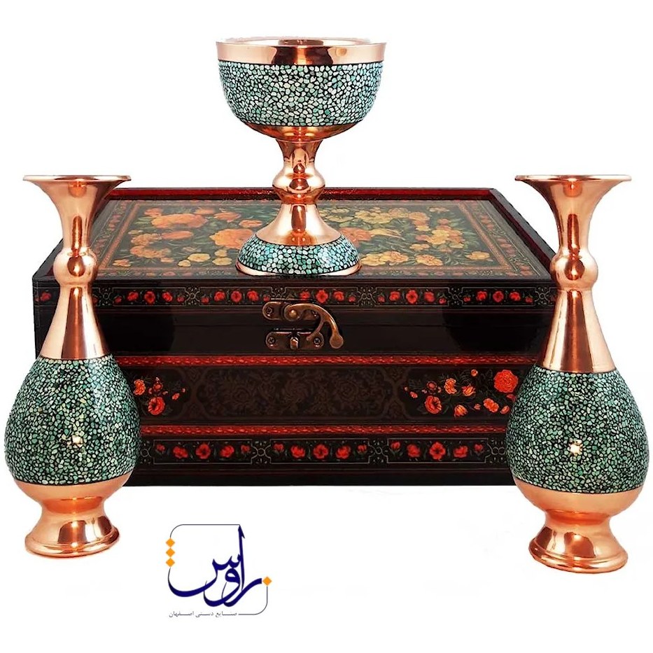 پک هدیه جفت گلدان صراحی 20 و سنگاب 16 فیروزه کوبی با جعبه دکوپاژ