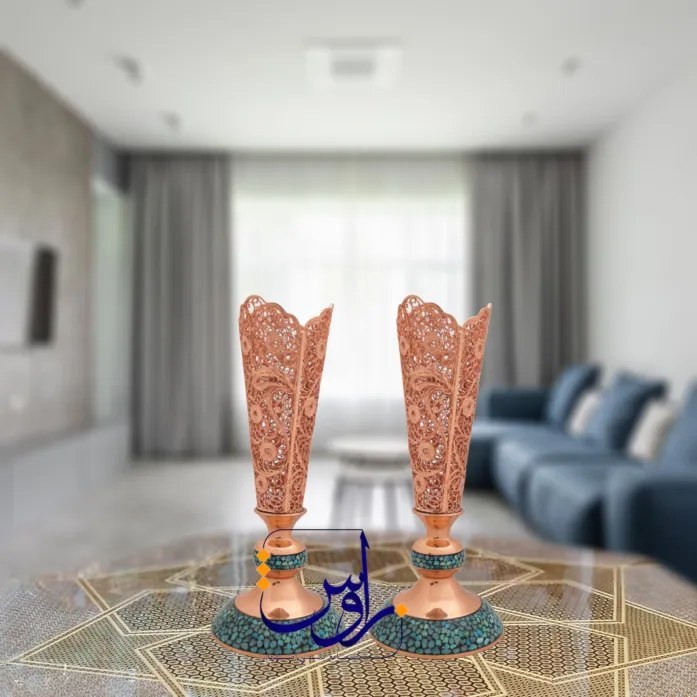 گلدان میانه فیروزه کوب و ملیله کاری