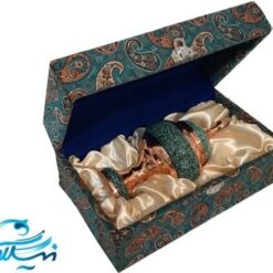 شکلات خوری پایه دار مس و فیروزه کوب با جعبه ترمه
