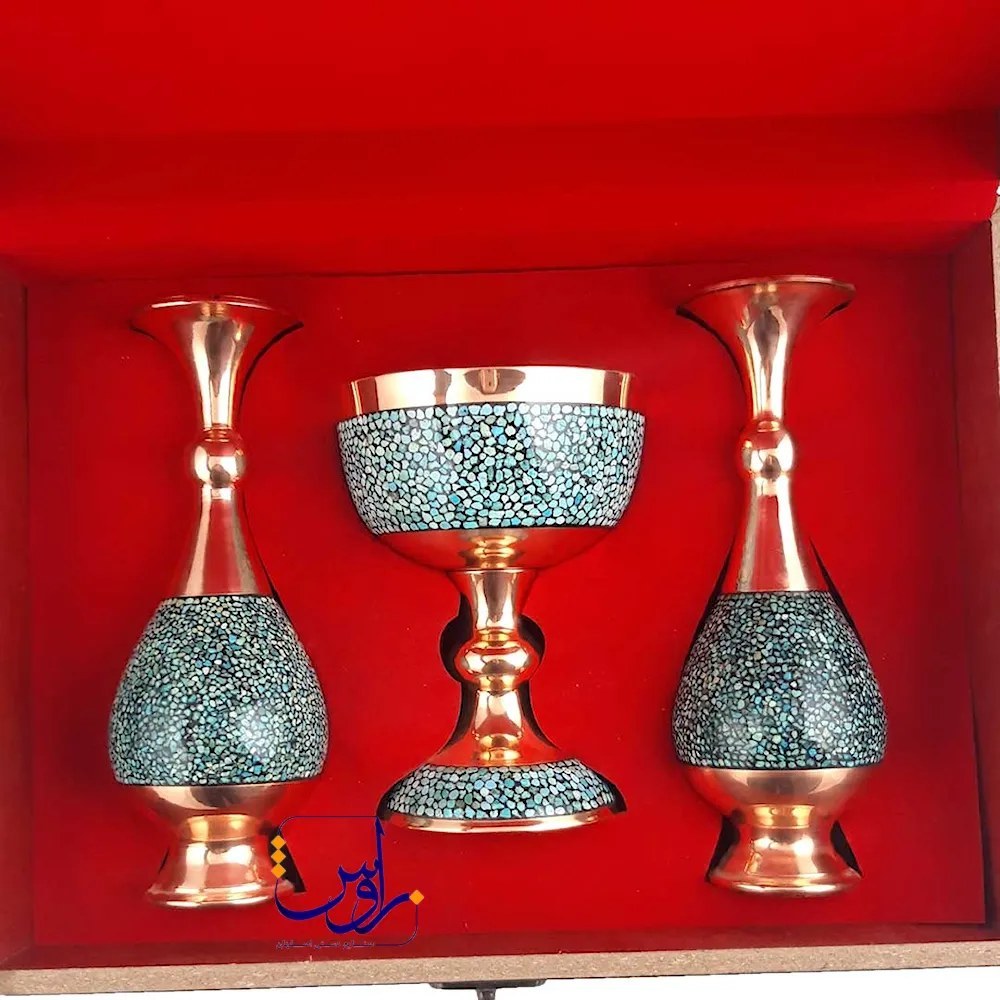 پک هدیه جفت گلدان صراحی 20 و سنگاب 16 فیروزه کوبی با جعبه دکوپاژ