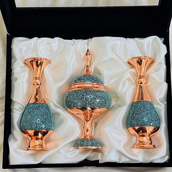 ست مدیریتی فیروزهکوبی گلدان و شکلاتخوری با بستهبندی مخمل