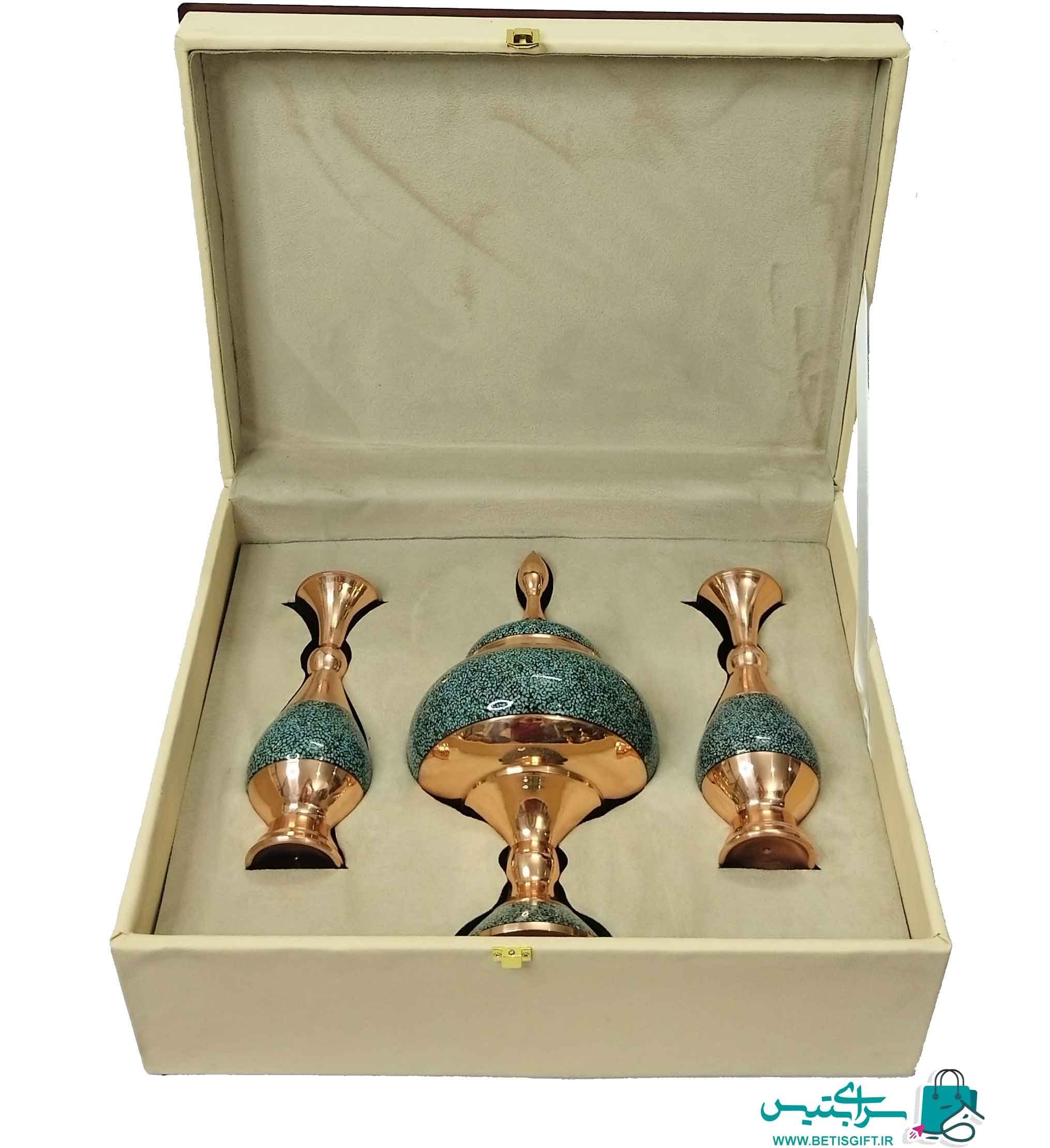 ست هدیه جفت گلدان و شکلات خوری فیروزه کوب به همراه جعبه هدیه