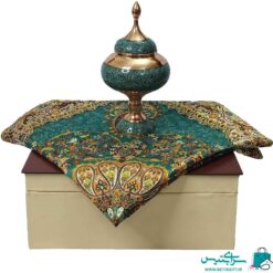 ست هدیه شکلات خوری فیروزه کوب و رومیزی ترمه یزد