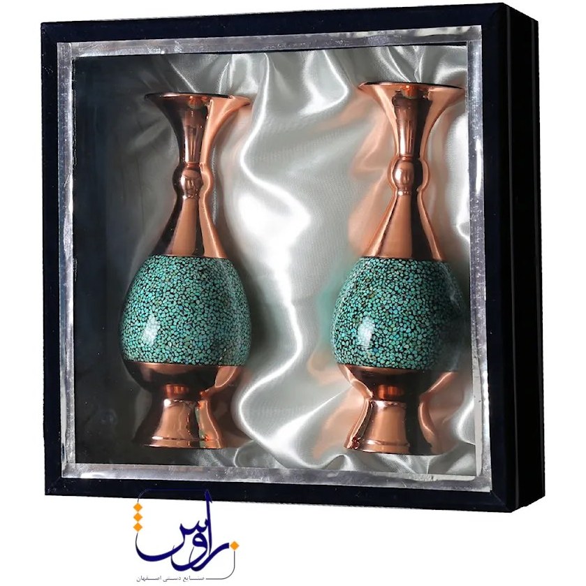 پک هدیه جفت گلدان 16 فیروزه کوبی با جعبه مخمل