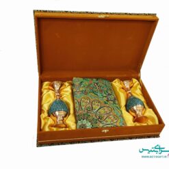 ست هدیه جفت گلدان 20 فیروزه کوب و رومیزی ترمه به همراه جعبه هدیه ترمه