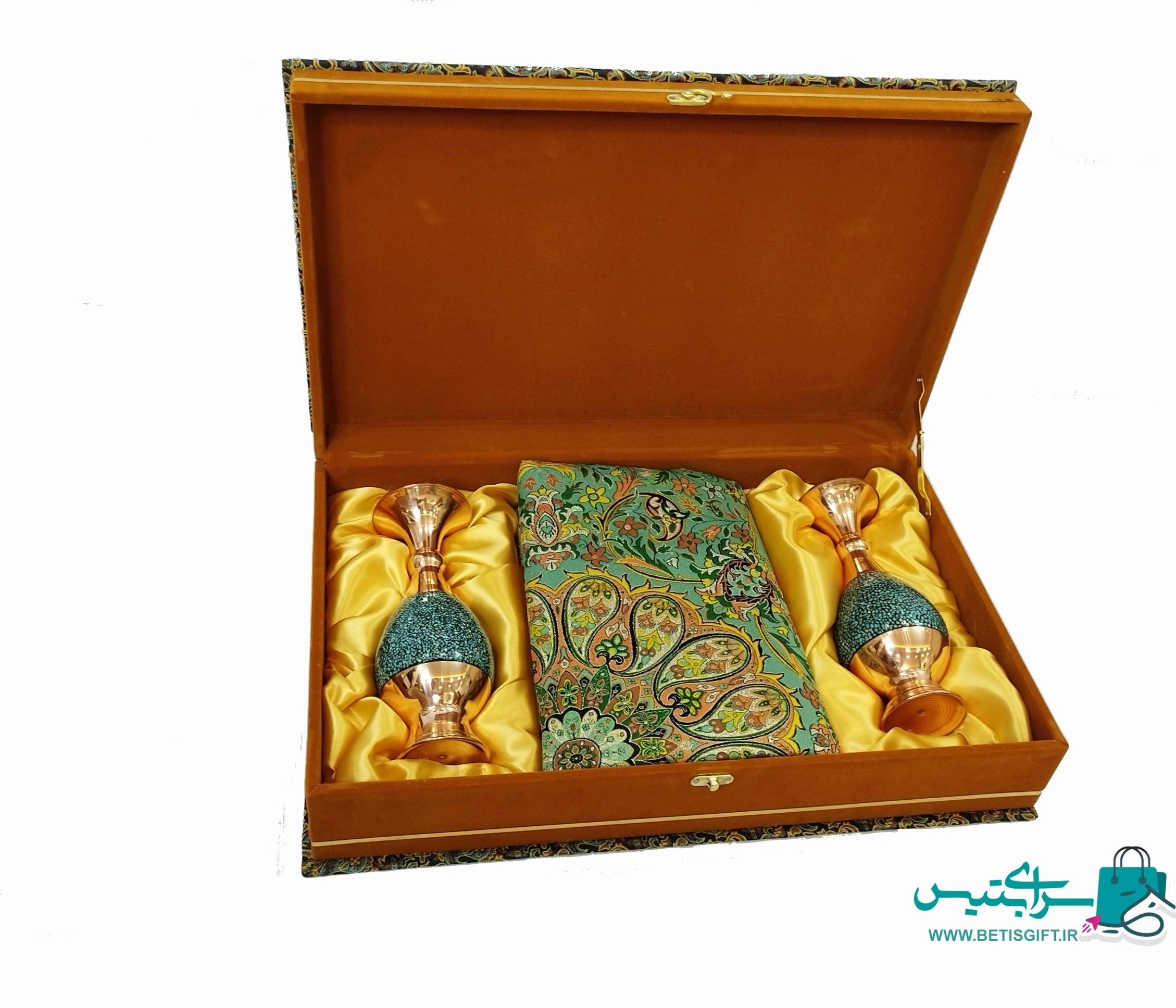 ست هدیه جفت گلدان 20 فیروزه کوب و رومیزی ترمه به همراه جعبه هدیه ترمه