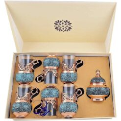 سرویس چای خوری شش نفره فیروزه کوبی ساده با جعبه درب لپ تاپی
