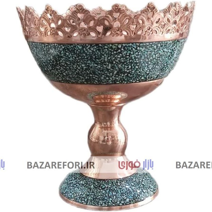 آجیل خوری مس و فیروزه با ارتفاع 20 سانتی متر با قطر 18سانتی متر کد 75 برند قلمستان – بازار فوری